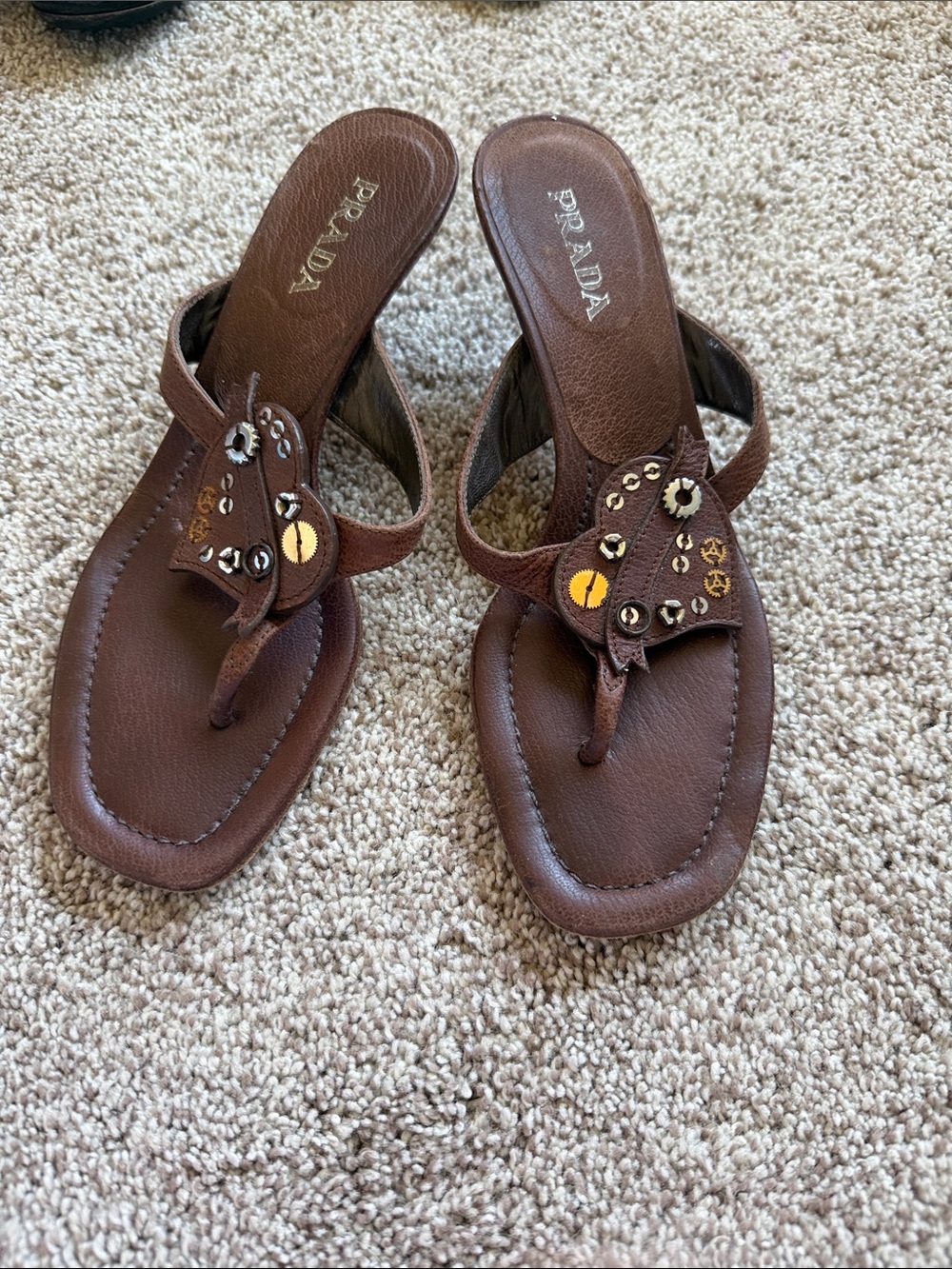 Prada Brown Leather Studded Thong Sandals
